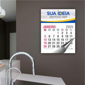 Calendário Comercial Cabeçalho Papel Glossy 230g 22,5x31,5cm Impressão Colorida Laminação Brilho Furo Padrão Bloco 12 Meses