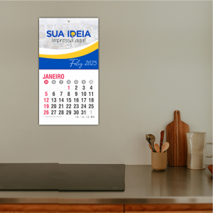 Calendário Slim Max Papel Glossy 230g 15x28cm Impressão Colorida Laminação Brilho Furo Padrão Bloco 12 Meses